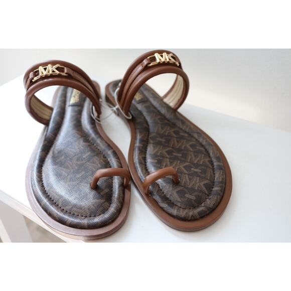 Michael Kors Veronica Flat Thong Sandals Double Strap MK Logo Brown Size 6 - Picture 3 of 9
